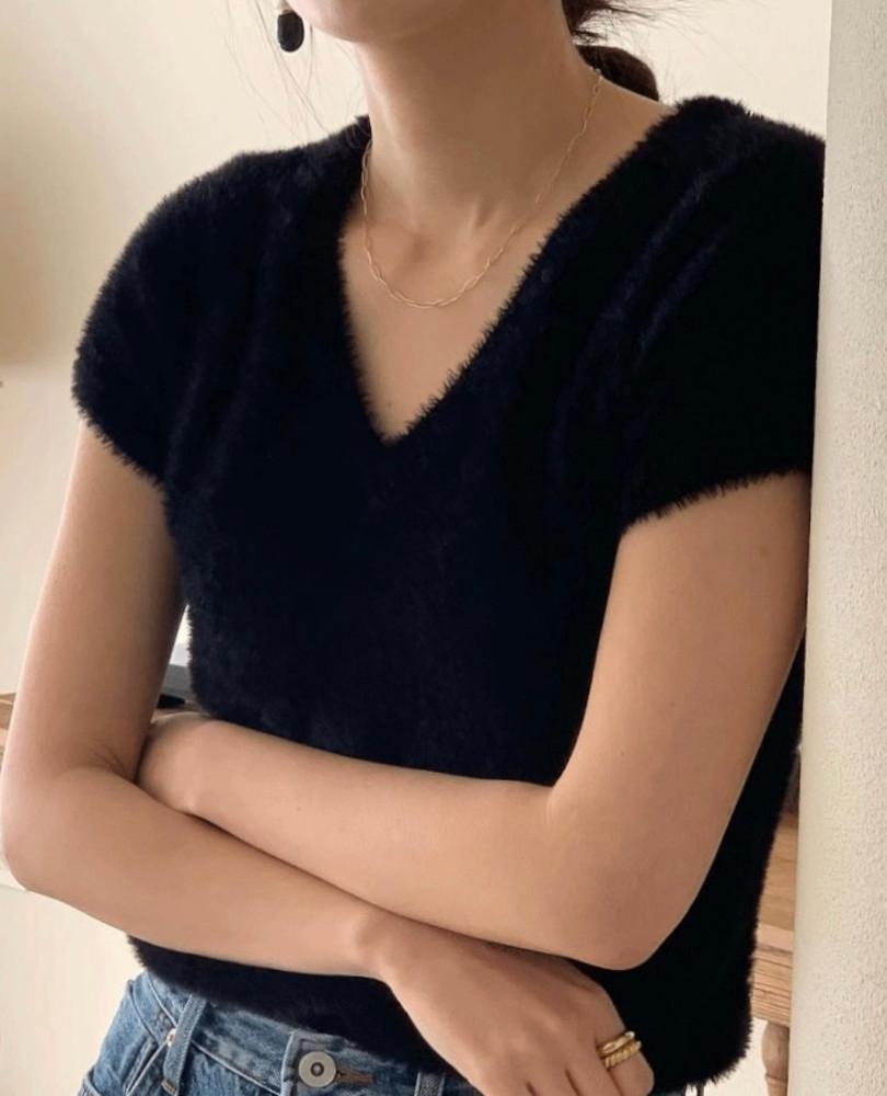 (블랙 당일) BR 소피 브이넥 캡 반팔 밍크 니트 (3color)