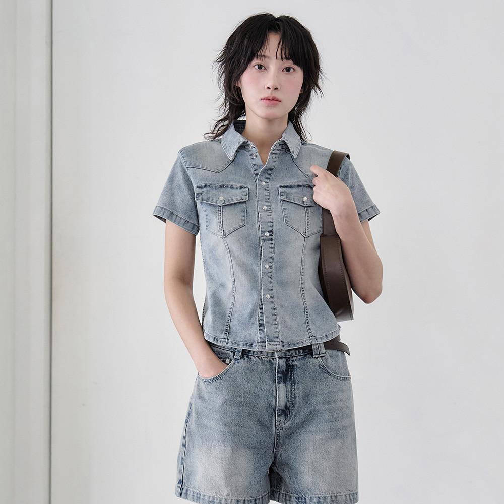 [W]Western Slim Denim Short Shirts DCWSH002LBlueA