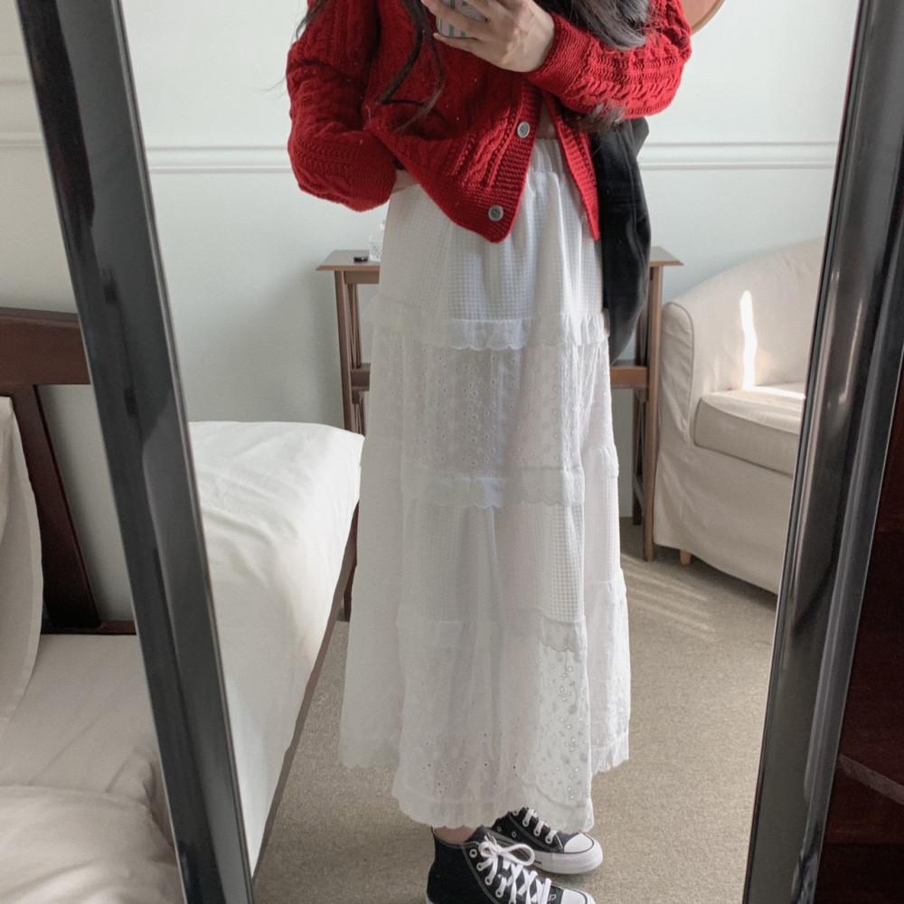 여성 밴딩 프릴 펀칭 레이스 캉캉 롱 스커트