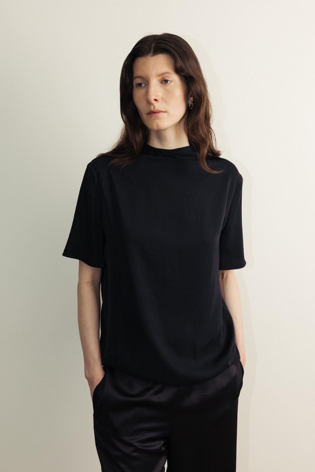 Silk blend half neck Blouse _midnight black