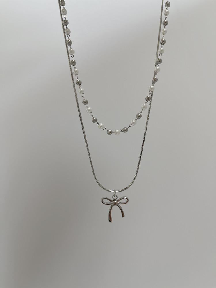 리본 진주 초커 레이어드 목걸이 (2type)