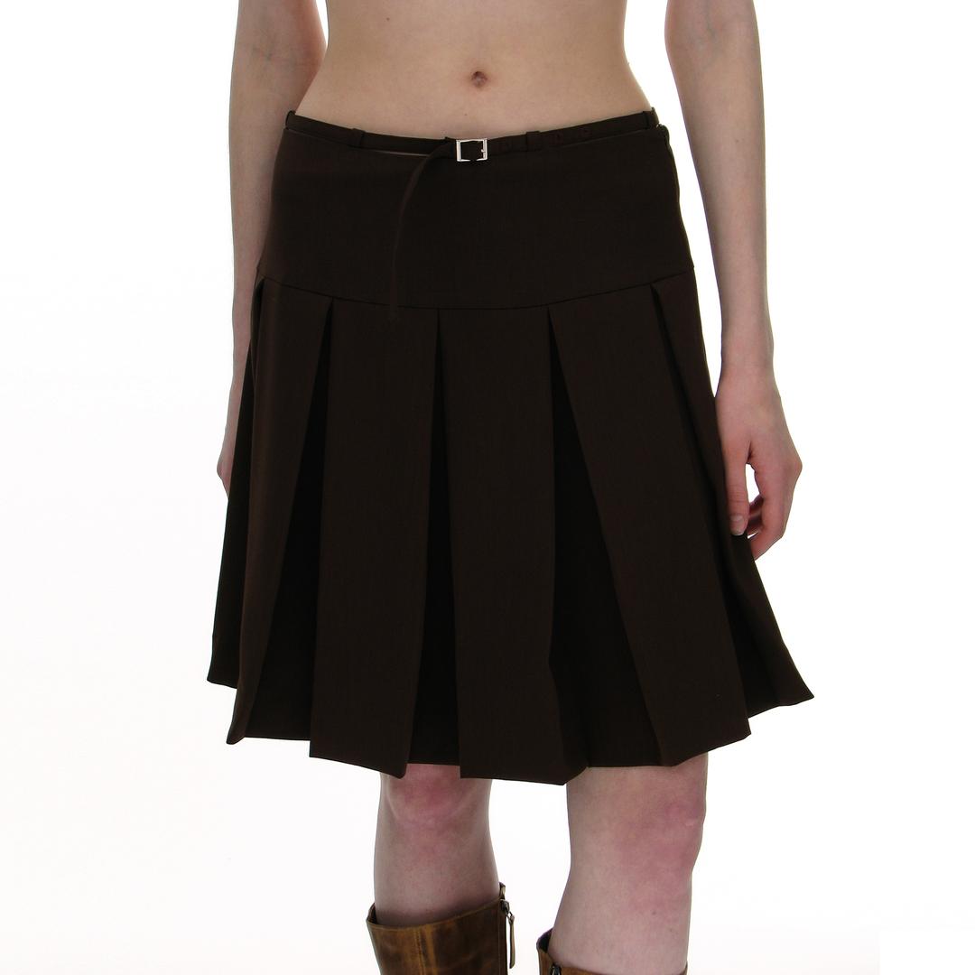 BELTED PLEATS SKIRT_BROWN
