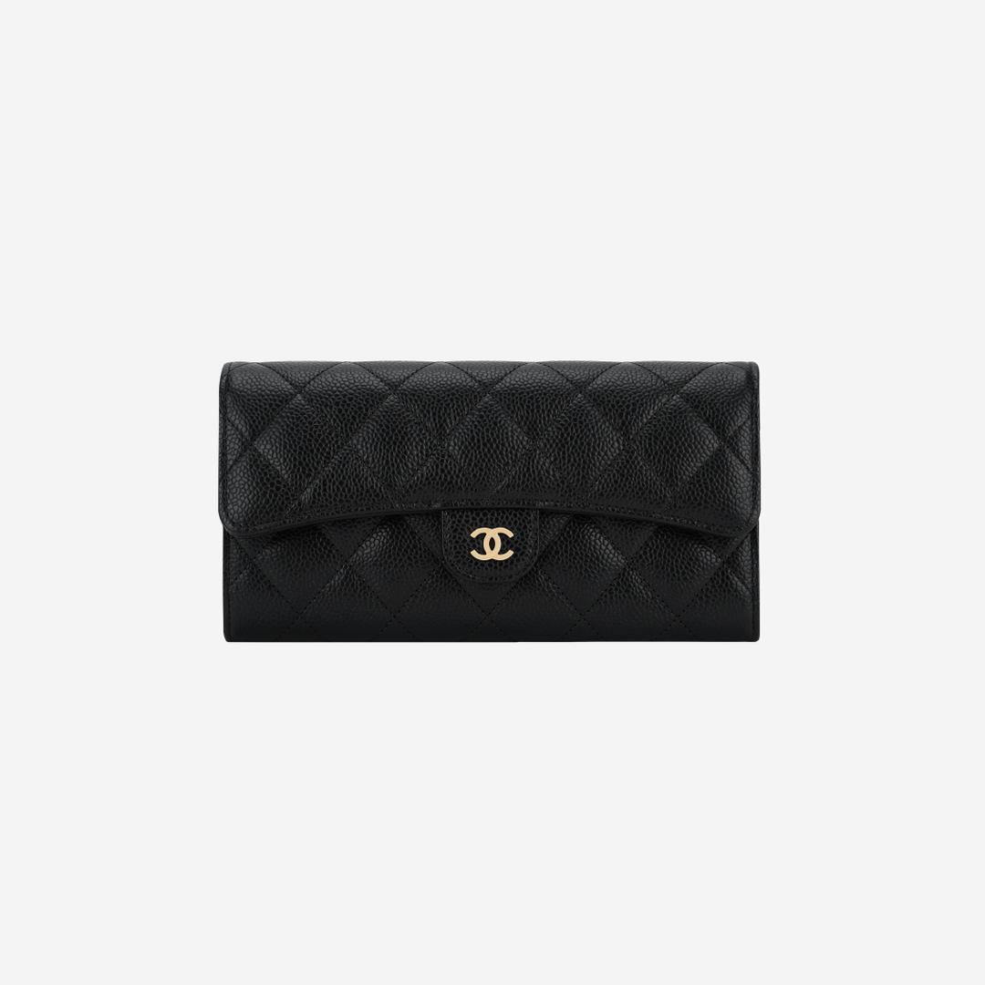 Chanel Classic Long Flap Wallet Grained Calfskin & Gold Black