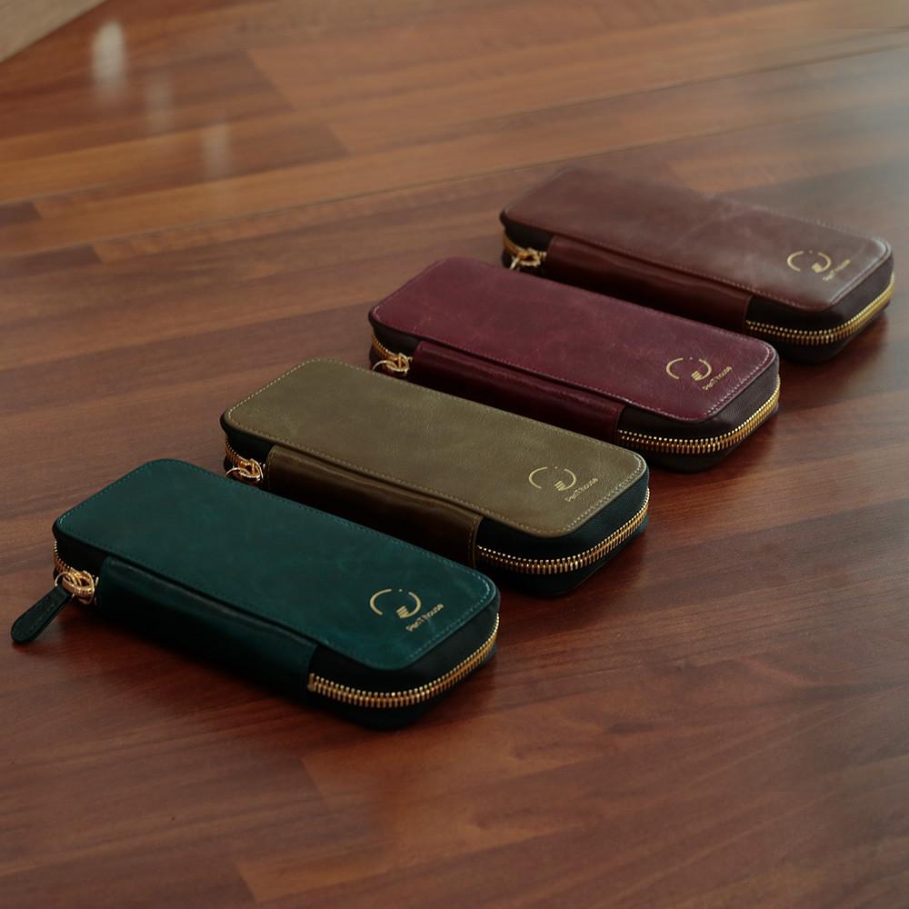 펜트하우스 3구 M 슈페리어 만년필 지퍼 파우치 케이스 양면 수납 고급 천연 가죽