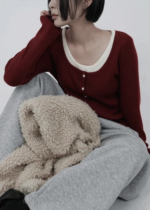 배색골지유넥가디건