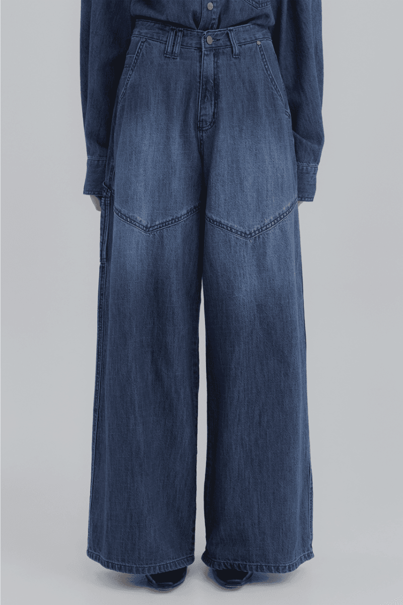 Western Denim Set-up Pants [ Dark Blue ]