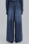 Western Denim Set-up Pants [ Dark Blue ]