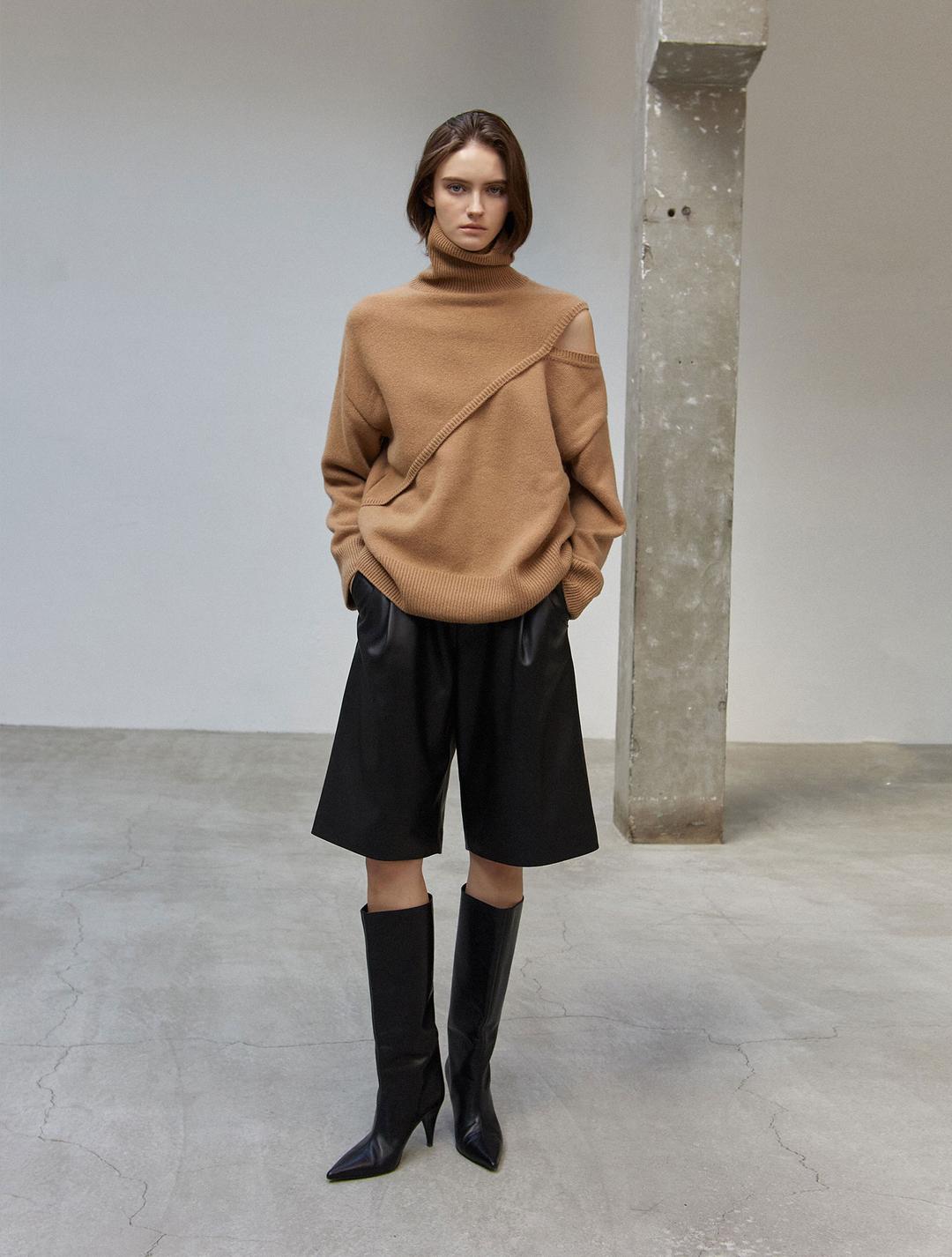 One-shoulder Slit Turtle-neck Knit Pullover - Brown