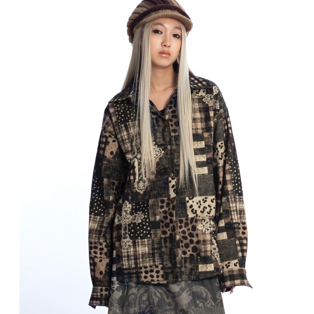 4RE1GN 셔츠 레트로 레오파드 체크 십자가 패치워크 롱슬리브 남방