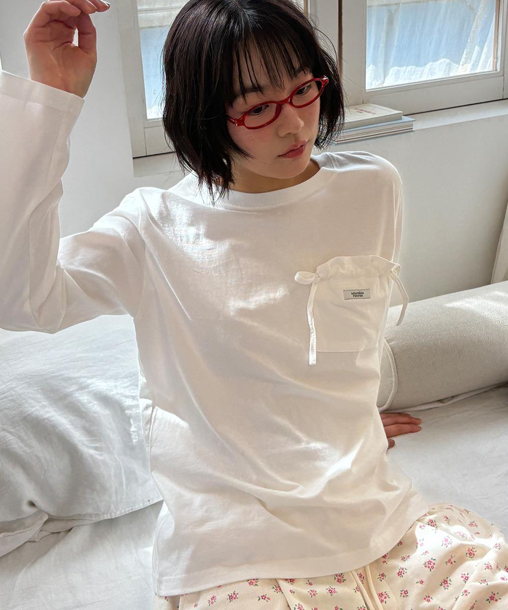 SHIRRING MINI POCKET LONG SLEEVE T SHIRT WHITE