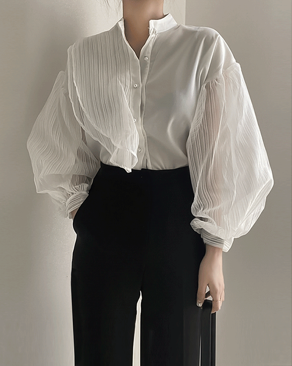 러플 벌룬 시스루 블라우스