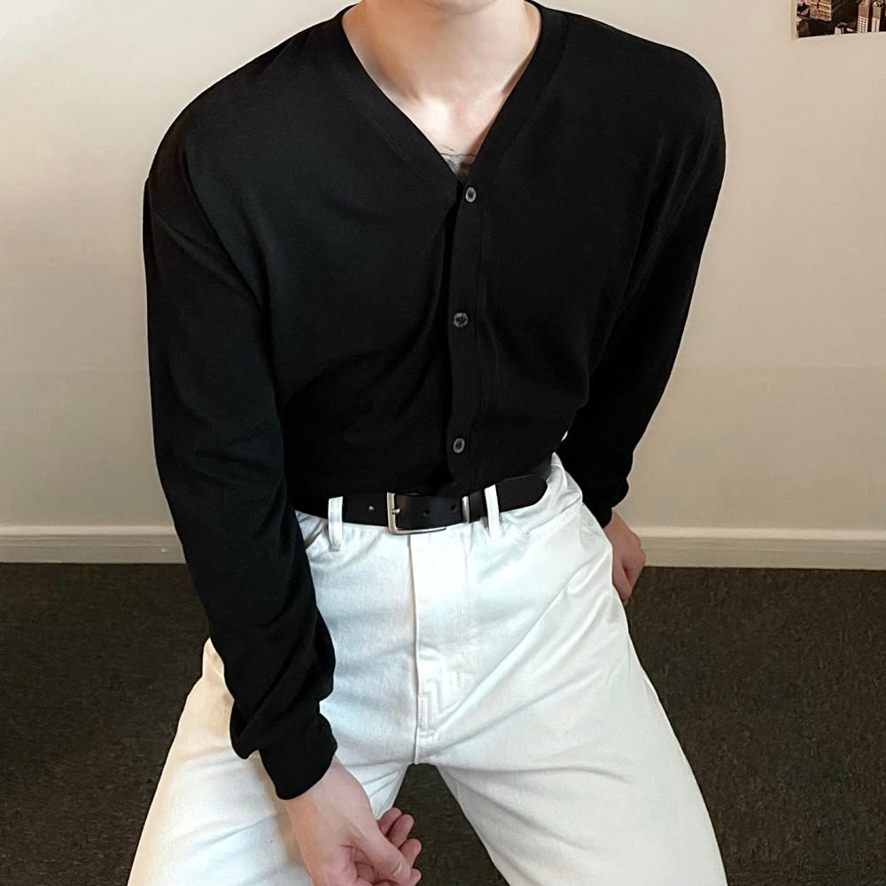 남자 긴팔 니트 브이넥 가디건 얇은 오버핏 봄 가을 카디건 4컬러 블랙 카키 베이지 밤색