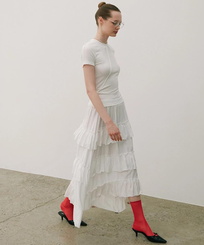 320showroom - [유튜버 보라끌레르/인플루언서 강경민 착용] Trimming frill Unbalanced Long Banding Skirt White