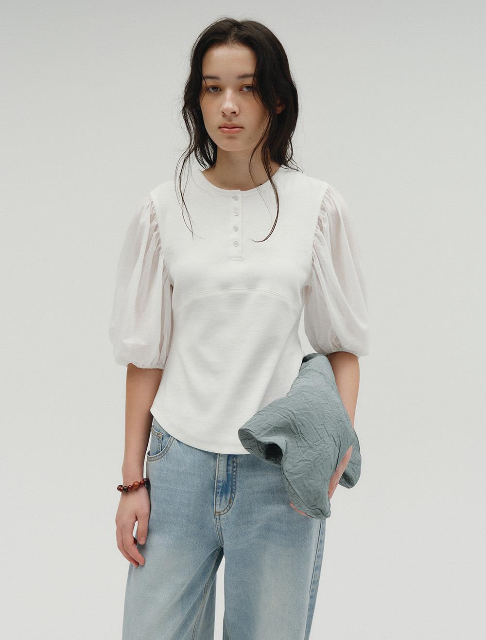 MIXED SHEER PUFF SLEEVE TOP [WHITE]