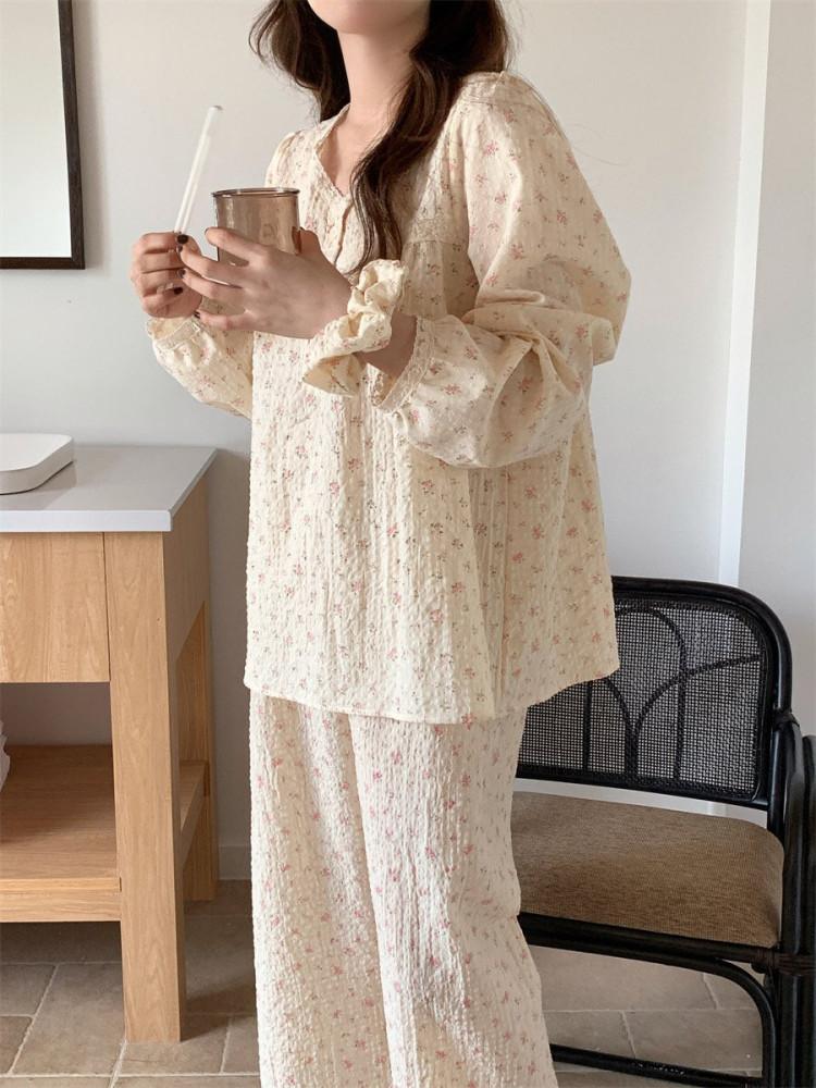 메종드 플라워 빈티지 긴팔 원피스 잠옷 세트 우정 파티 파자마