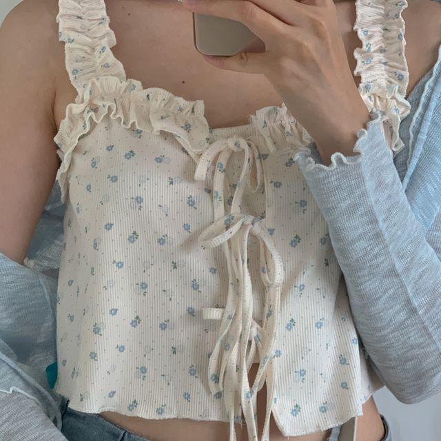 FLORAL FRILL STRAP SLEEVELESS TOP(PINK,SKYBLUE 2COLORS!)