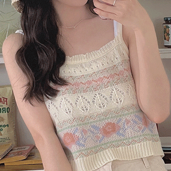 빈티지 로즈 플라워 꽃 러블리 여름 여름나시 여름옷 펀칭 민소매 나시 니트
