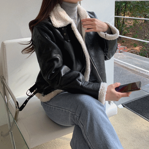 라이더 가죽 레더 오버핏 양털 무스탕 자켓 블랙 브라운 2color