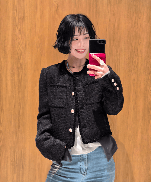 트리밍 크롭 트위드 자켓 [BLACK] / WBE4L55519