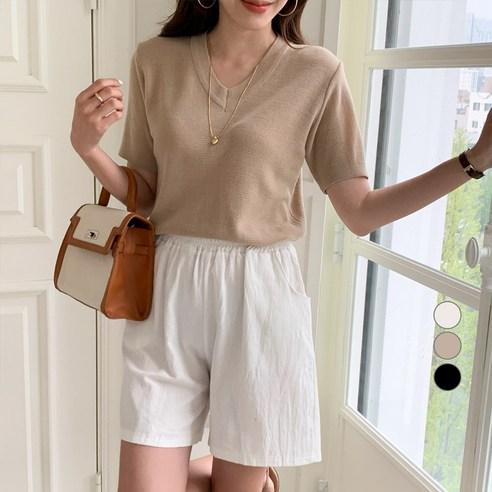 무드인더 여성용 베이직 무지 브이 반팔 니트 - 스웨터/니트 | 쿠팡