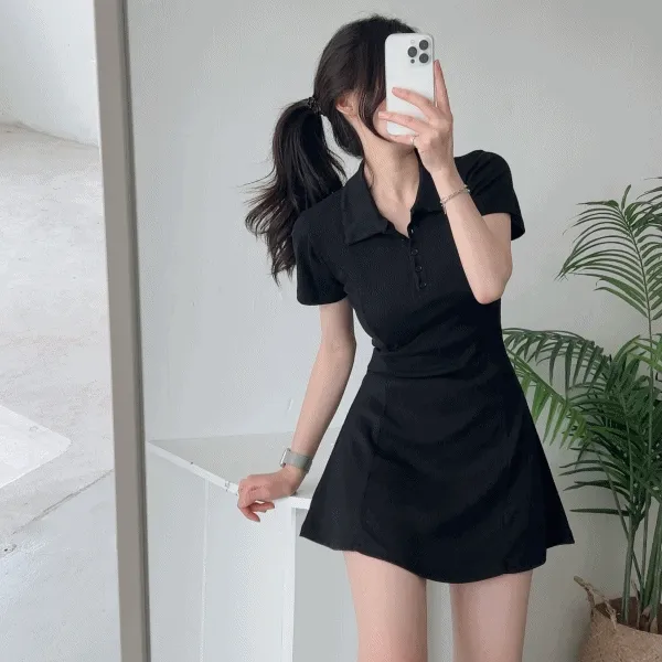 [허리잘록~/핏예쁜] 반팔 카라 골프 테니스 골지 플레어 슬림 원피스