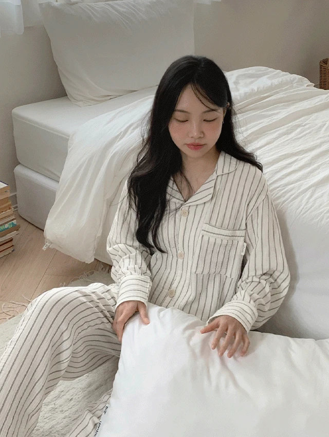 [A.made] 에어리 스트라이프 요루면 긴팔 커플파자마 남녀공용 잠옷세트