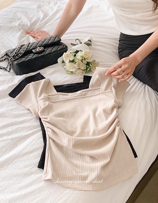 리썸데이 노머드 셔링 스퀘어 티셔츠 3color [반팔/드레이프/캡소매/골지/슬림/여름/봄/하객룩/데일리룩/데이트/휴가/휴양지/출근룩/격식룩/오피스룩/주말/꾸안꾸/상견례룩/페미닌/러블리/시즌리스/개미허리핏]