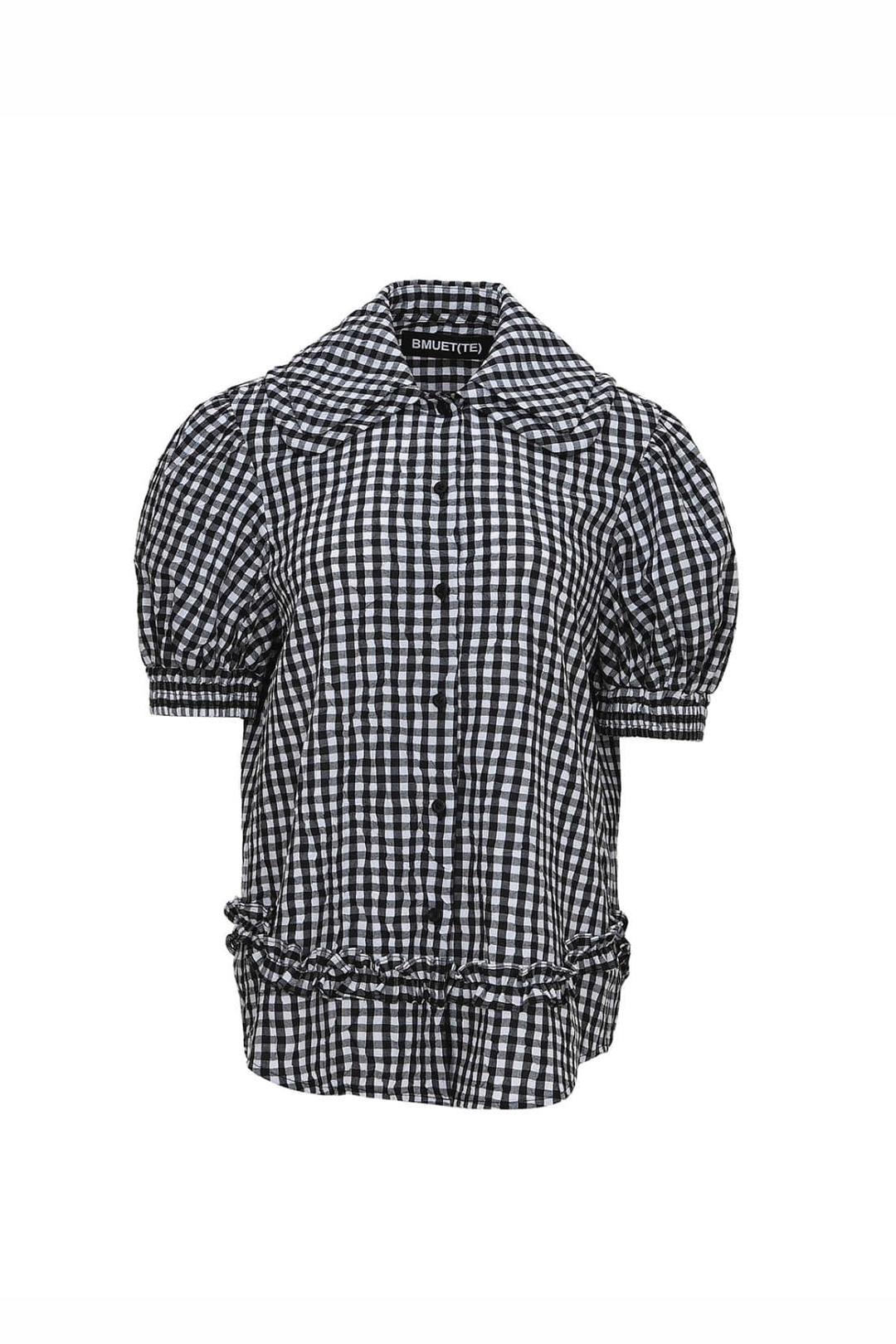 PRE-ORDER 프릴 디테일 라운드 카라 체크 셔츠