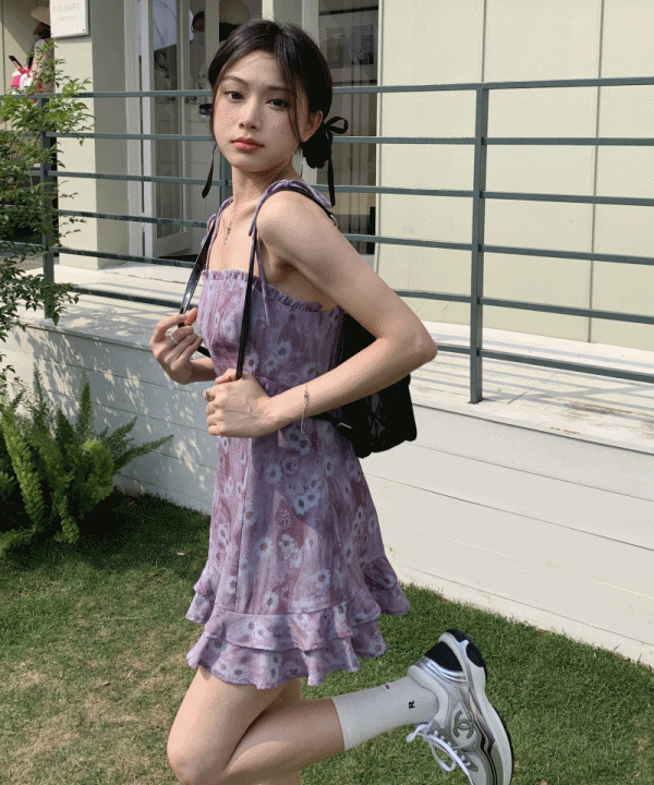 심플리 [페스티벌룩] 빈티지 쉬폰 플라워 티어드 스트랩 뷔스티에 미니원피스