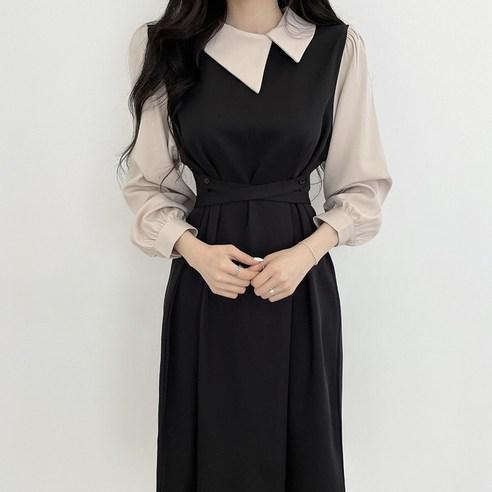 POMTOR 여성 봄가을 카라 원피스 A라인 원피스 하객룩 오피스룩, 블랙, S