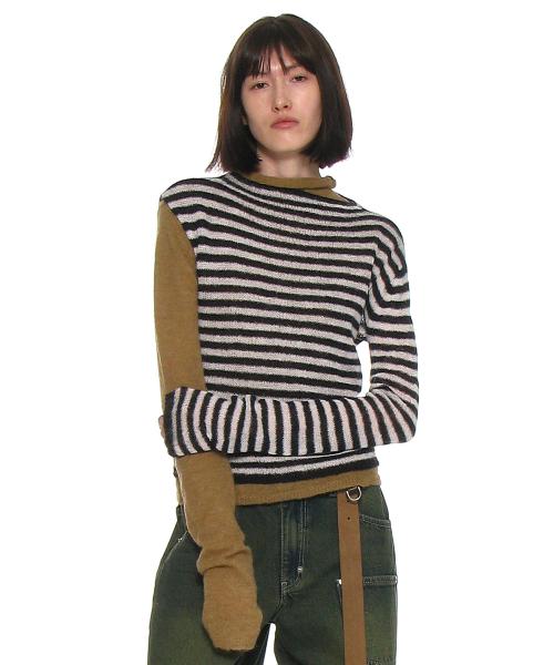 더블 레이어드 모크넥 니트 탑_아이보리 스트라이프