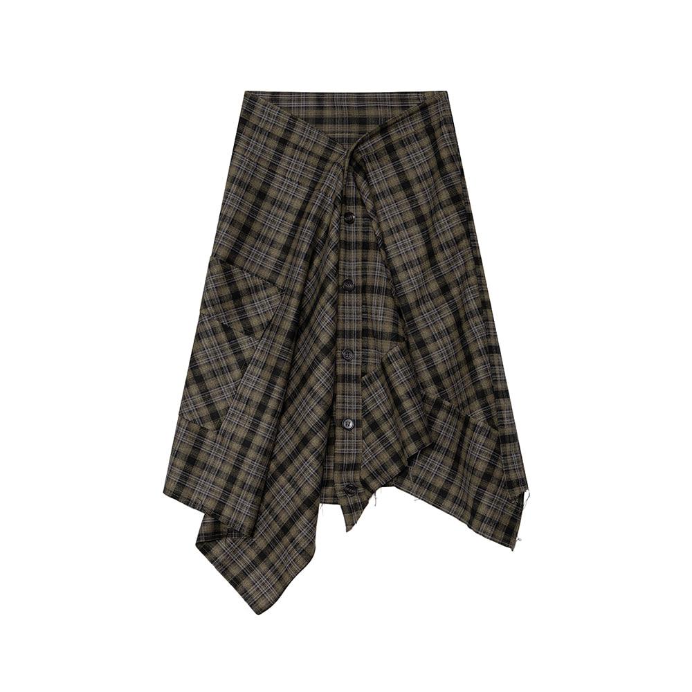 LAYERED CHECK WRAP SKIRT, KHAKI