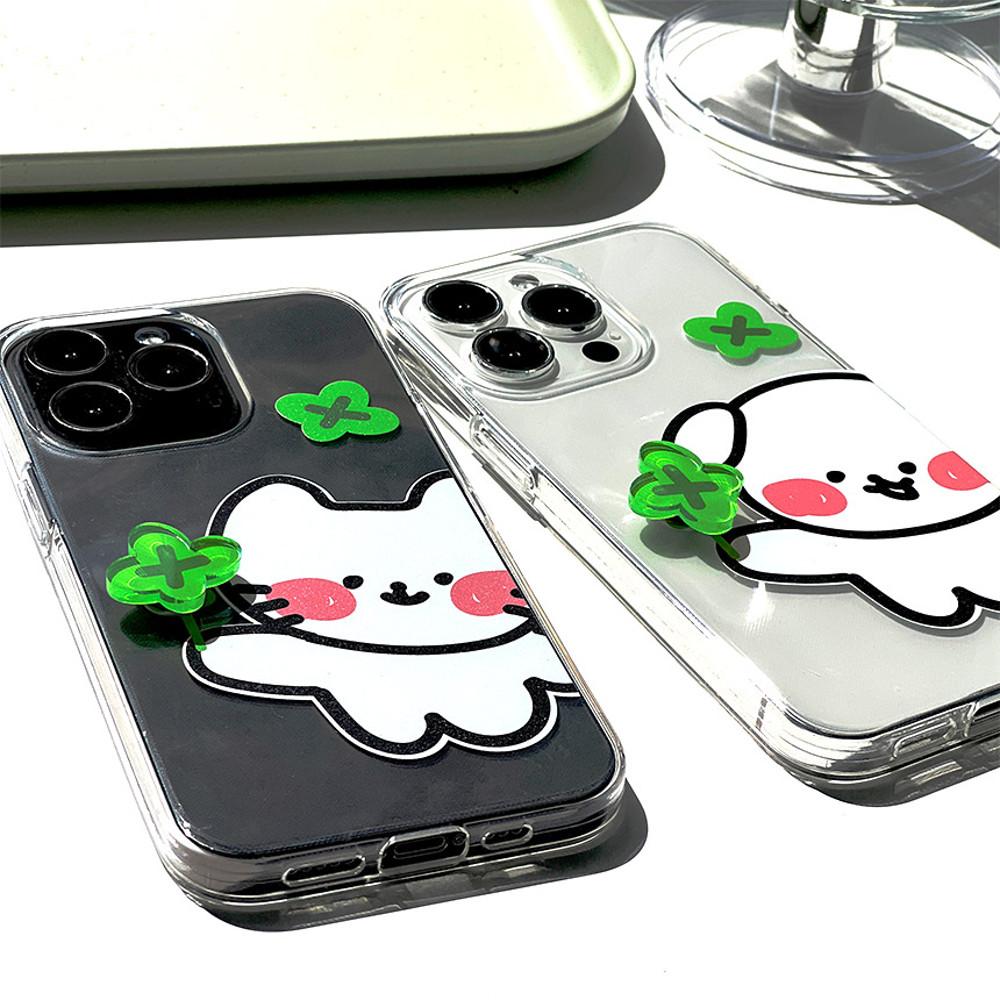 아이폰15 [스피너 케이스] 클로버 냥이 댕냥이 커플 우정 젤리 투명케이스
