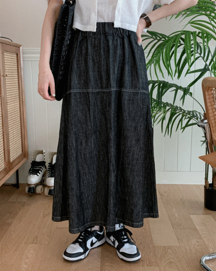 플루어스 린넨 데님 롱 스커트