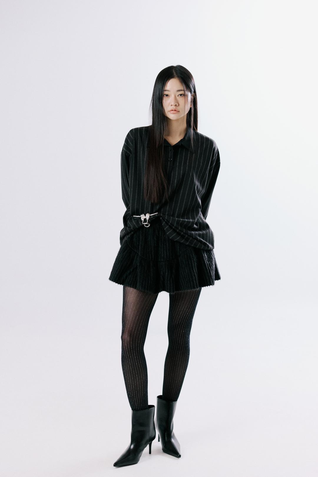 Pin stripe boxy polo shirt(black)