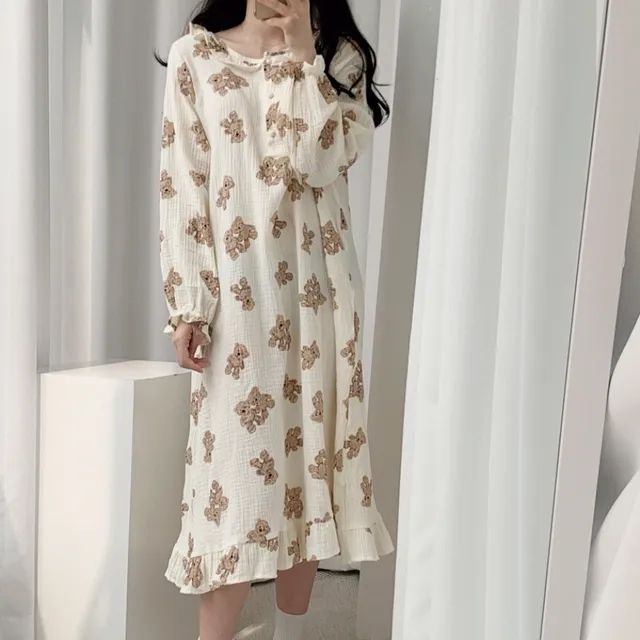 [당일발송/최저가/코튼100%]순면 꾸안꾸 곰돌이 잠옷 롱 원피스/베어링/곰돌이파자마/여름잠옷/잠옷투피스./귀여운/산뜻한/꿀잠/피부자극없는/신혼/공주/홈원피스/집콕룩/심플/베이직