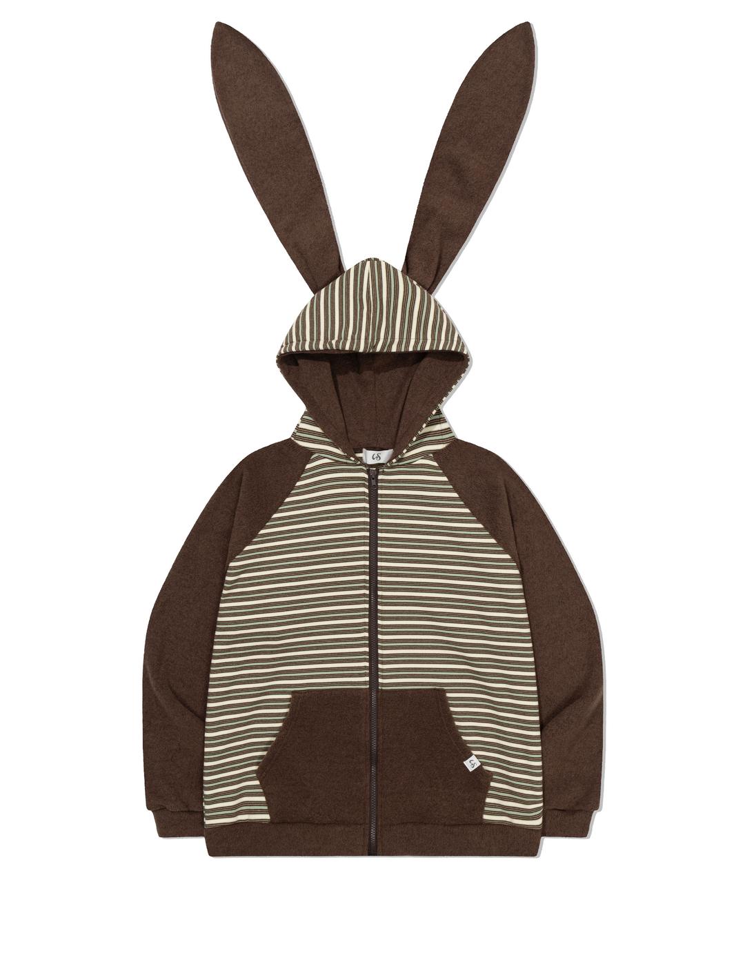 RABBIT EAR HOOD STRIPE ZIP-UP(BROWN)
