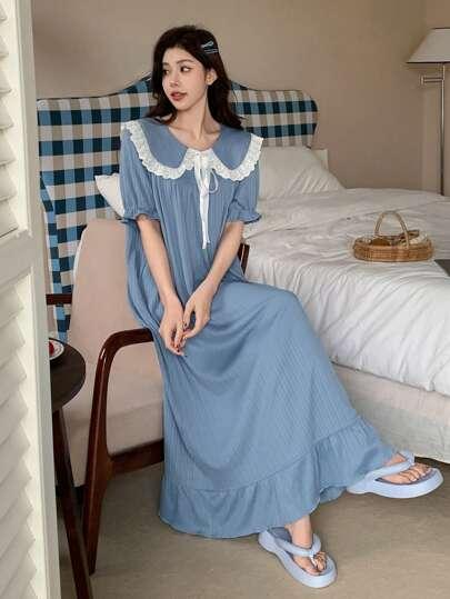 DAZY Peter Pan Collar Color Blocking Bow Decorated Sweet Puff Sleeve Nightgown