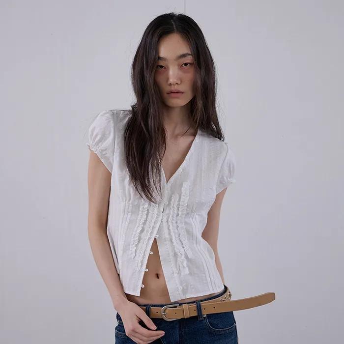 RAW EDGE RUFFLE BLOUSE - WHITE