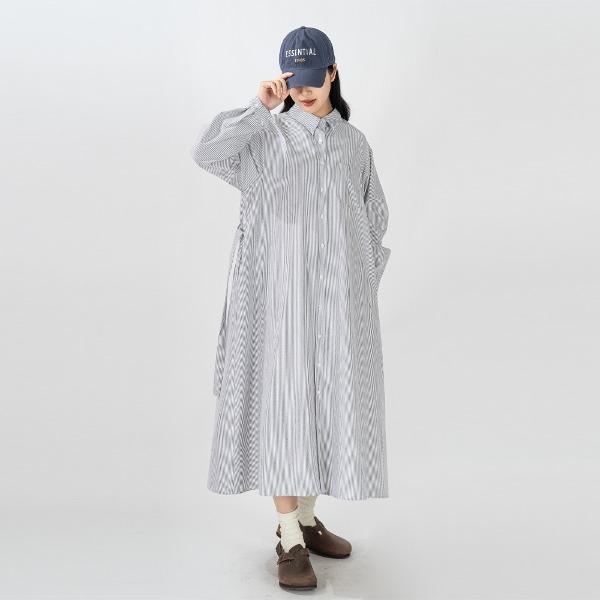 [호더] 보우 스트라이프 롱 셔츠 원피스 (차콜)