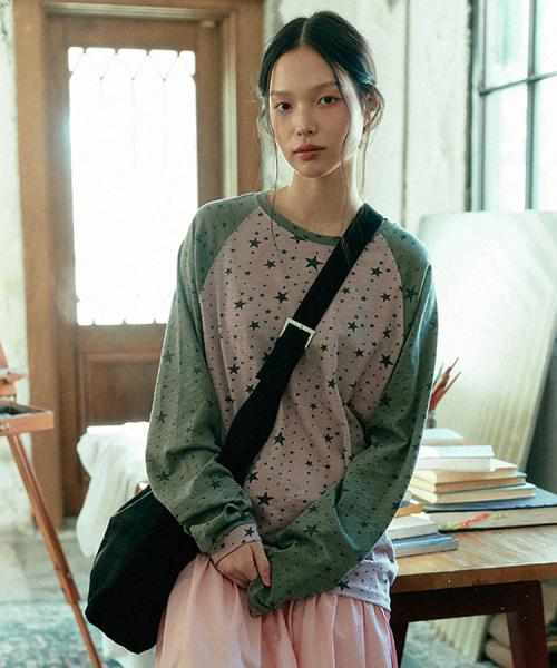 별 래글런 슬리브 티셔츠_핑크/카키