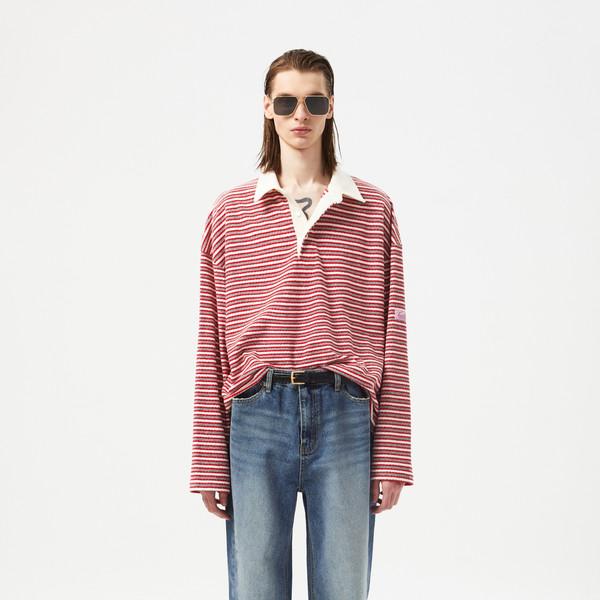 TOWEL STRIPE POLO SHIRT RED/GREY