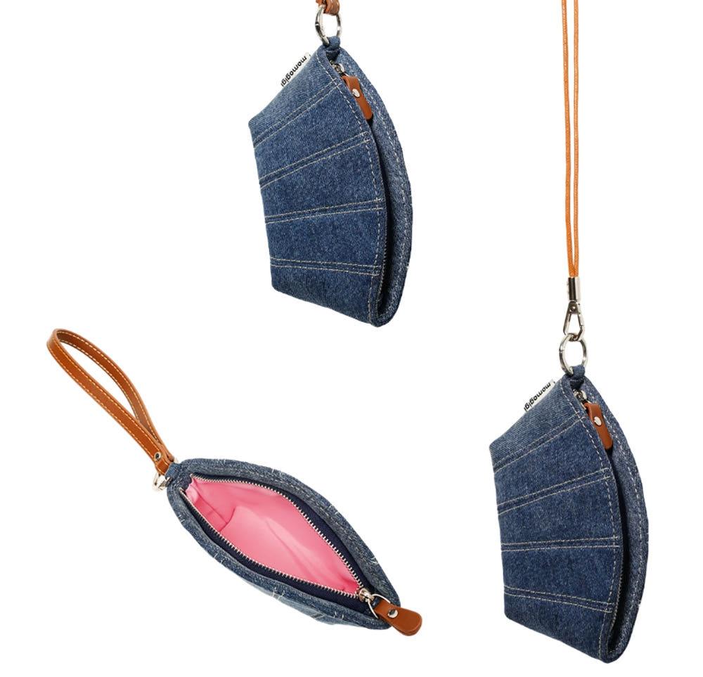 Momogigi 카드지갑 쉘 데님 슬림 스트랩 동전지갑