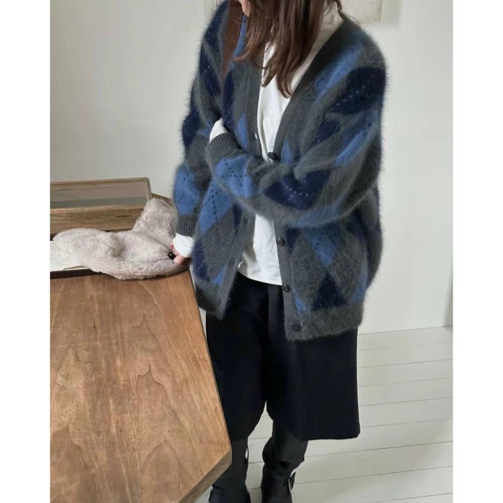 Mare 마레 모피 아가일 가디건 오버핏 앙고라 울 니트 cd (2c)