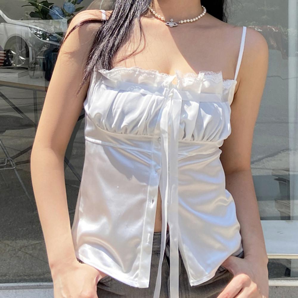 새틴 샤틴 레이스 프릴 셔링 리본 크롭탑 뷔스티에 나시 티셔츠