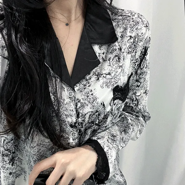 [당일] 인스타감성 수채화 블랙 레이스 실크 파자마 잠옷 set