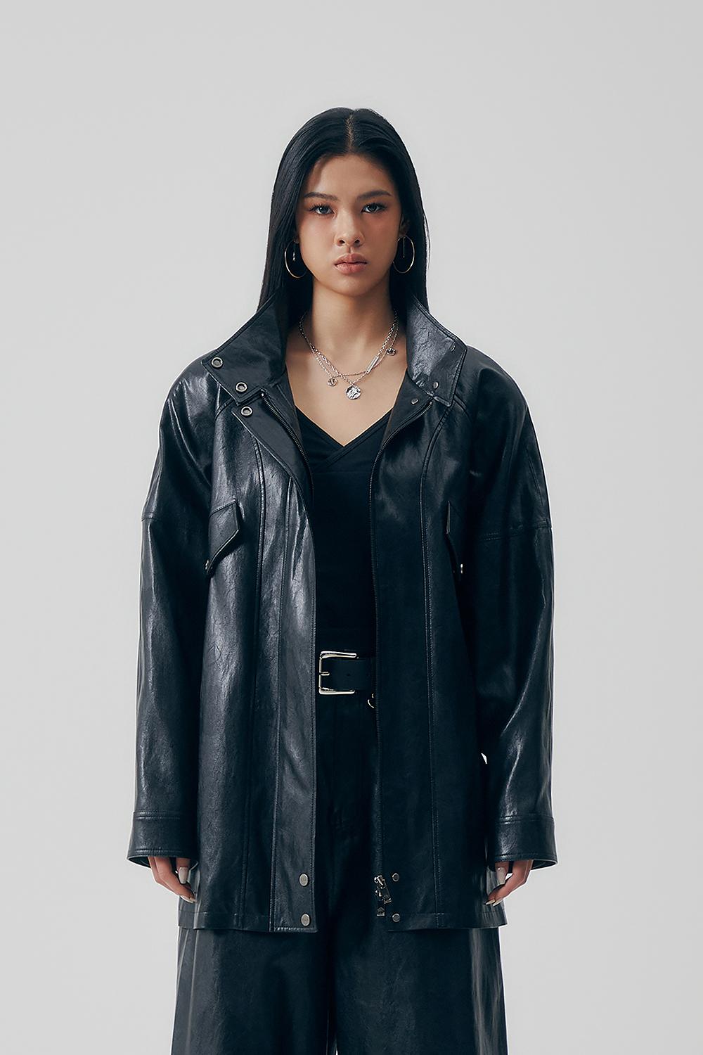 Distressed Leather Set-up Jumper [ Black ]