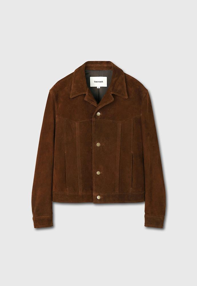 Calf Suede Western Trucker Jacket_ Brown