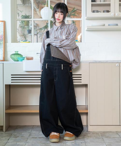 WXP079 토테토테 체크 배색 벌룬 오버롤 (BLACK)