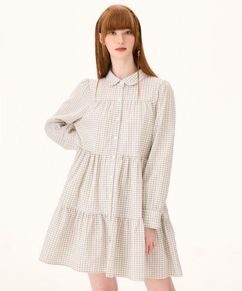 미니 플레어 셔츠 원피스 체크 아이보리